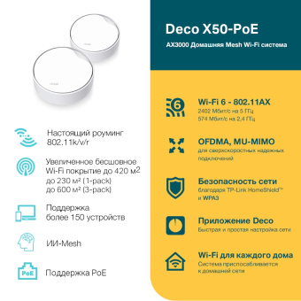 Mesh роутер TP-Link Deco X50-PoE (2-PACK) AX3000 1000/2500BASE-T белый (упак.:2шт)