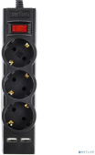 PERFEO (PF_E1639) "POWER-S", 1,8м, 3 розетки 10А, 2USB, 2500 Вт, двойная защита, черный