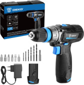 DEKO DKCD12V PRO в кейсе co съемным патроном + оснастка 13 шт, 12В, 2х1.5Ач 083-1004