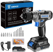 DEKO DKCD20V ONE + в кейсе + набор 63 инструмента для дома, 20В, 2x2.0Ач 083-1038