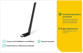 Сетевой адаптер WiFi TP-Link Archer T2U Plus AC600 USB 2.0 (ант.внеш.несъем.) 1ант.