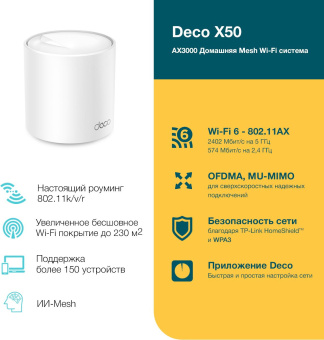 Бесшовный Mesh роутер TP-Link Deco X50(1-Pack) AX3000 10/100/1000BASE-TX белый (упак.:1шт)